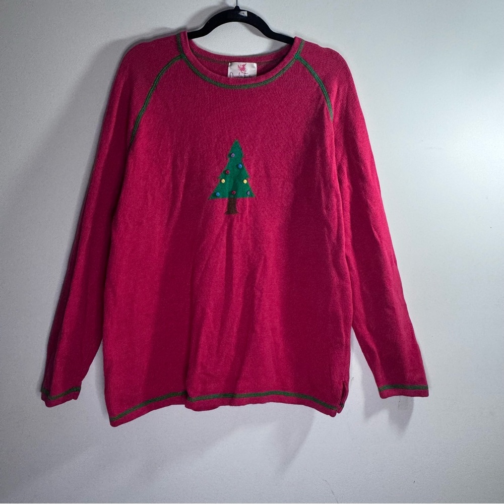 Quacker Factory Christmas Tree Sweater Red Green Ramie Cotton XL Holiday Knit - Picture 2 of 5